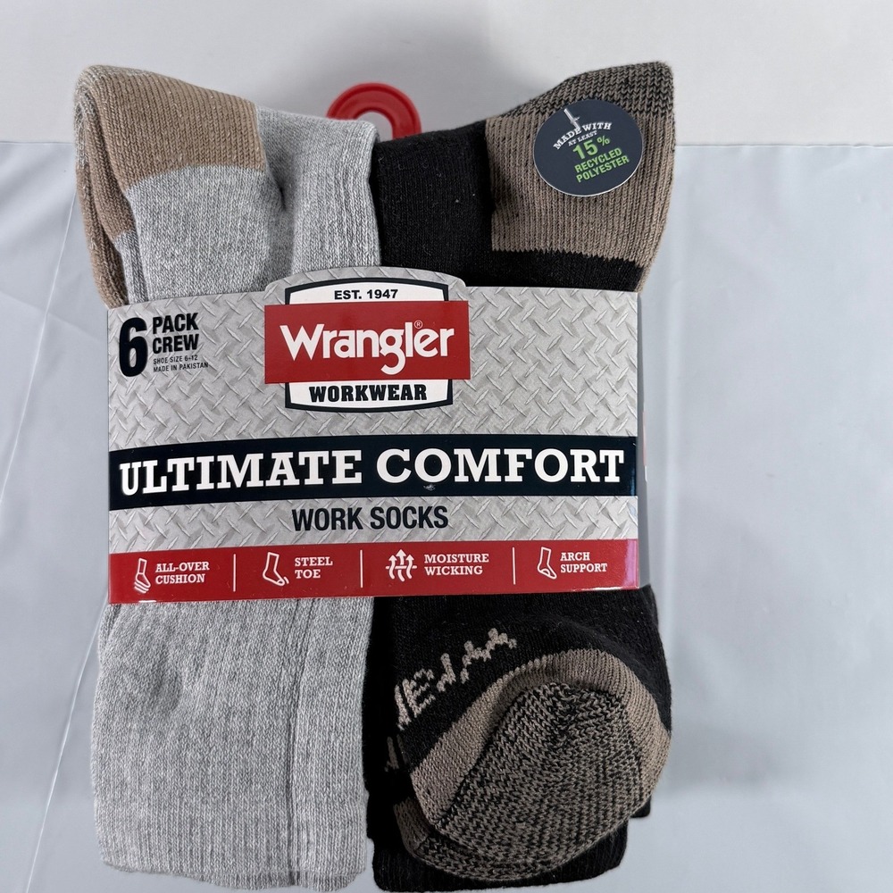 Wrangler Workwear Ultimate Comfort Men Crew Work Socks 6 Pack Grey Black 6-12